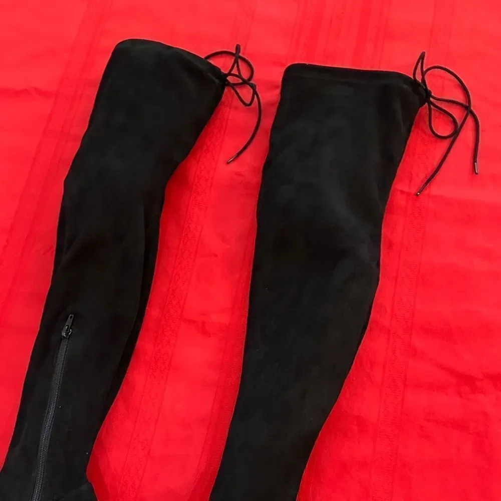 Olivia Ferguson Chic Black Suede Over the Knee Tie/Zip Boots Size 7.5